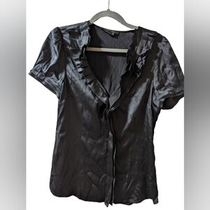 BCBGMaxazria Black Silk Blouse Ruffle Puff Sleeves Workwear Y2K Yuppie